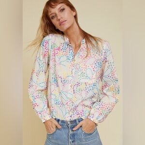 Warm rainbow Embroidered cross stitch voile Phoebe Button Up long sleeve Top S